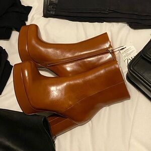 NWT Zara caramel brown leather platform ankle boots sz 6.5